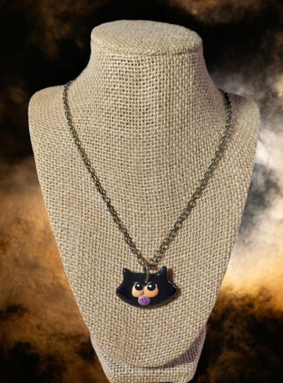Handmade Halloween Necklace Fun Black Cat Pendant Orange Eyes - Etsy