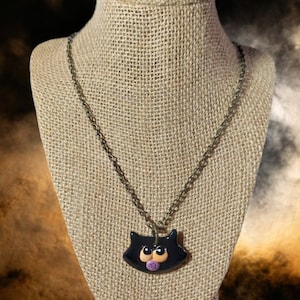 Handmade Halloween Necklace Fun Black Cat Pendant Orange Eyes
