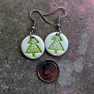 Handcrafted White Ceramic Green Christmas Tree Stamped Holiday Earrings Hypoallergenic image 4