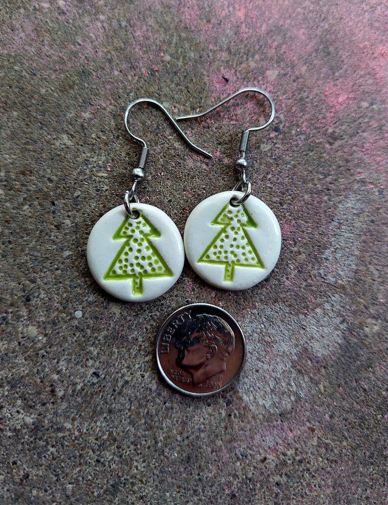 Handcrafted White Ceramic Green Christmas Tree Stamped Holiday Earrings Hypoallergenic image 4