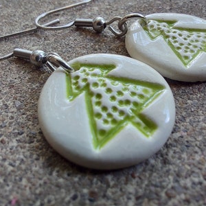 Handcrafted White Ceramic Green Christmas Tree Stamped Holiday Earrings Hypoallergenic image 3