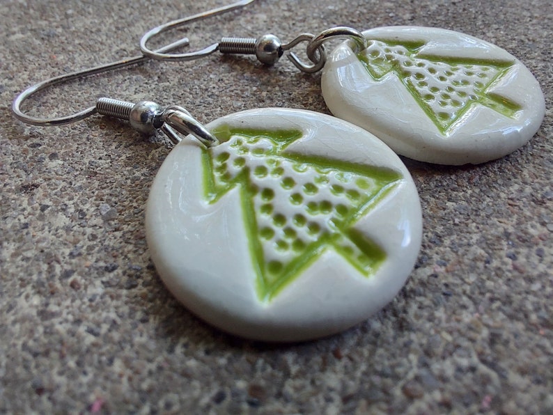 Handcrafted White Ceramic Green Christmas Tree Stamped Holiday Earrings Hypoallergenic image 3