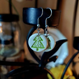 Handcrafted White Ceramic Green Christmas Tree Stamped Holiday Earrings Hypoallergenic image 2