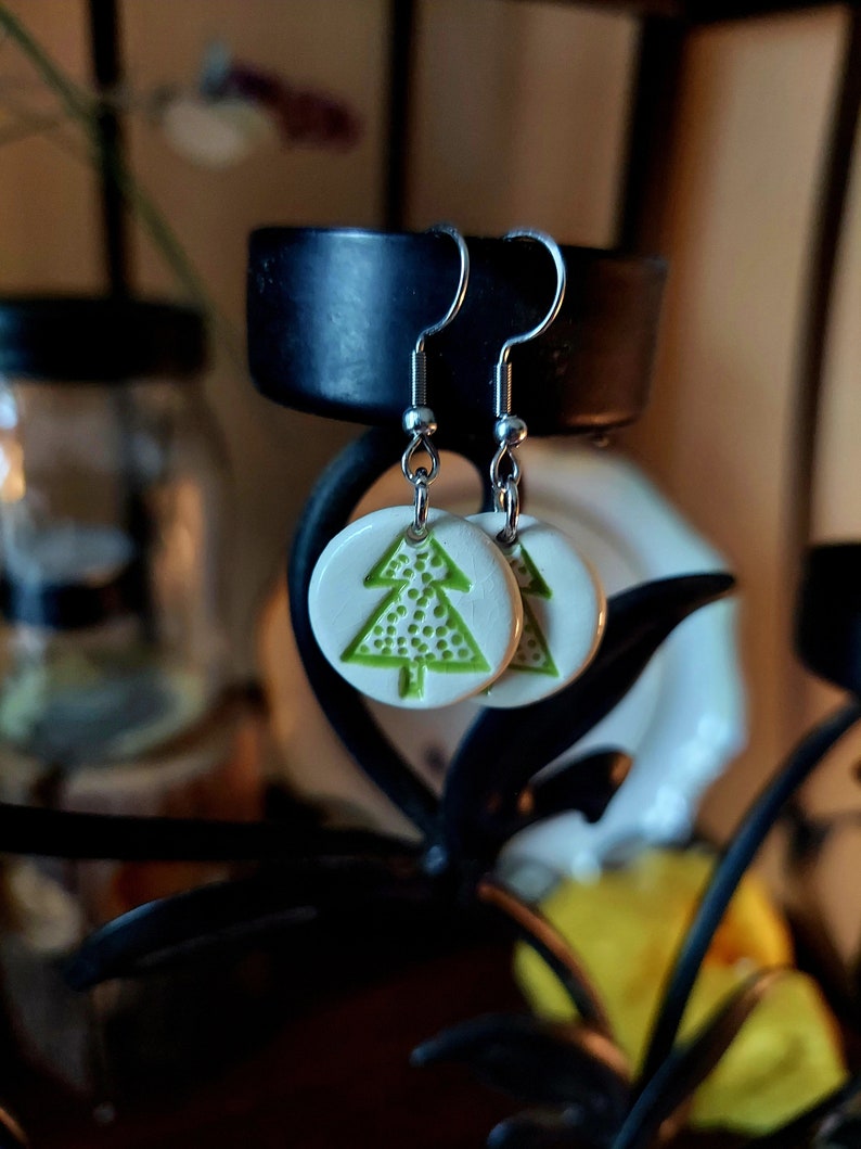 Handcrafted White Ceramic Green Christmas Tree Stamped Holiday Earrings Hypoallergenic image 2