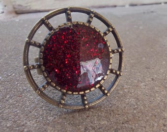 Red Glitter Resin Ring, Steampunk Style Statement Jewelry