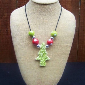 Whimsical Old World Lime Swirl Christmas Tree & Beads Necklace Handmade Ceramic Clay Fun
