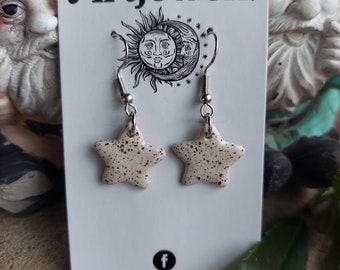 Handcrafted Earthenware Pottery Clay Small Star Earrings Speckled White