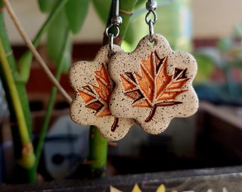 Handcrafted Stoneware Fall Autumn Leaf Handmade Pottery Jewelry Earrings