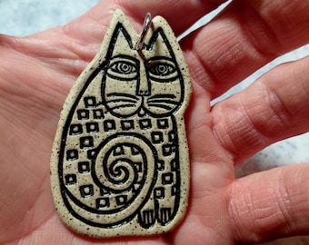 Handmade Ceramic Cat Pendant Necklace: Folk Art Tribal Style Clay Charm