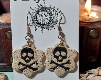 Halloween Skull & Crossbones Earrings Handmade Fall Clay Pirate Speckled Ceramic Earrings