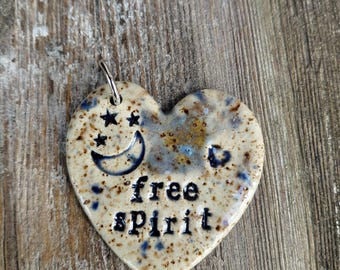 Handmade Ceramic Heart Pendant, Moon Star Boho Necklace, Free Spirit Jewelry