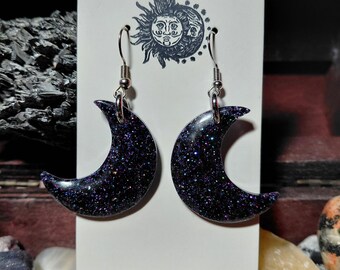 Handmade Resin Crescent Moon Earrings | Celestial Glitter Dangles, Witchy Jewelry