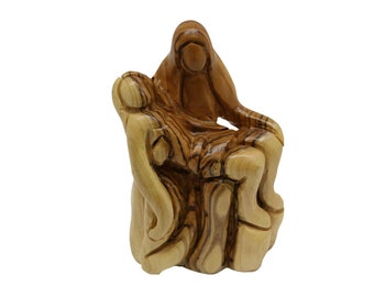 Hand Carved Olive Wood Pieta - Virgin Mary Cradling the Dead Body of Jesus Statue