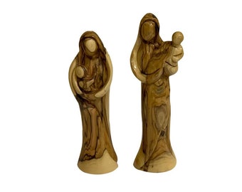 Olive Wood Faceless Virgin Mary Holding Baby Jesus Statue