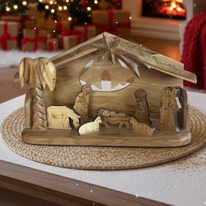 Bethlehem Olive Wood Nativity Stable Set  Hand Carved Holy Family Figurines  Wooden Nativity Scene Decoration