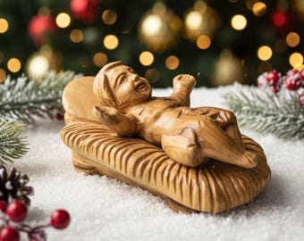 Hand Carved Olive Wood Baby Jesus in Manger Figurine - Nativity Crèche Set Piece from Bethlehem, Holy Land Christian Gift