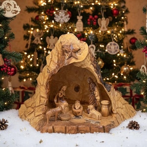 Authentic Large Olive Wood Nativity Set, Hand-Carved in Bethlehem. Large Nativity Cave from the Holy Land