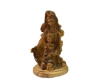 Uniquely Hand Carved Olive Wood Virgin Mary With The Child Statue