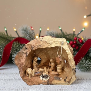 Olive Wood Nativity Cave from Bethlehem | Hand Carved Holy Land Nativity Scene with Fire & Elephant | Unique Christmas Gift Nativity Set