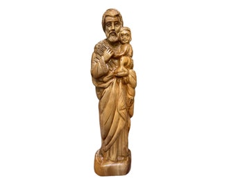 Statue en bois d'olivier de Saint Joseph avec l'enfant Jésus sculptée à la main