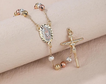 Gold Plated Rosary: Tricolor Virgin Mary & Jesus Crucifix