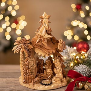 Musical Olive Wood Nativity Set Christmas Tree Shape Christmas Tree Manger Hand Carved Christmas Scene from Bethlehem Unique Christmas Gift