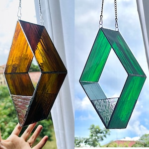 Amber and Emerald Stained Glass Air Plants Planter Sun Catcher Window Hanging Green kit