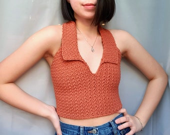 Mia Halter Top - Crochet halter collared lace-up top pattern