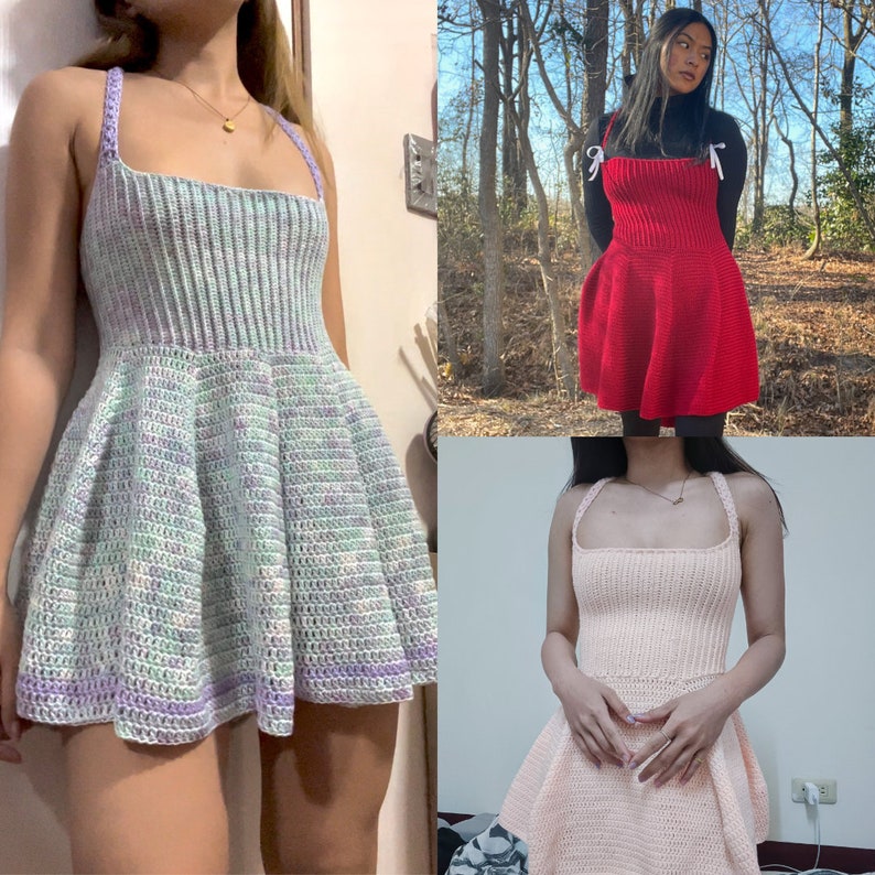 May include: Three crocheted dresses in different colors: a light green and purple dress, a red dress, and a light pink dress.