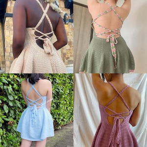 May include: Four crochet dresses with different colors and styles. The dresses have a criss-cross back design and are made with a variety of stitches.