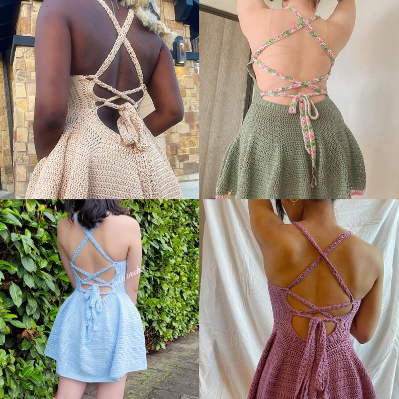 May include: Four crochet dresses with different colors and styles. The dresses have a criss-cross back design and are made with a variety of stitches.