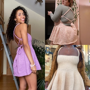 May include: Three women wearing different crochet dresses. The first dress is purple and has a halter top. The second dress is pink and has a halter top with a criss-cross back. The third dress is beige and has a square neckline.