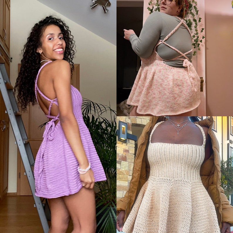 May include: Three women wearing different crochet dresses. The first dress is purple and has a halter top. The second dress is pink and has a halter top with a criss-cross back. The third dress is beige and has a square neckline.