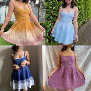 May include: Four crochet dresses in different colors: a yellow to pink ombre, a light blue, a navy blue to white ombre, and a purple. The dresses are all sleeveless and have a fitted bodice and a flared skirt.