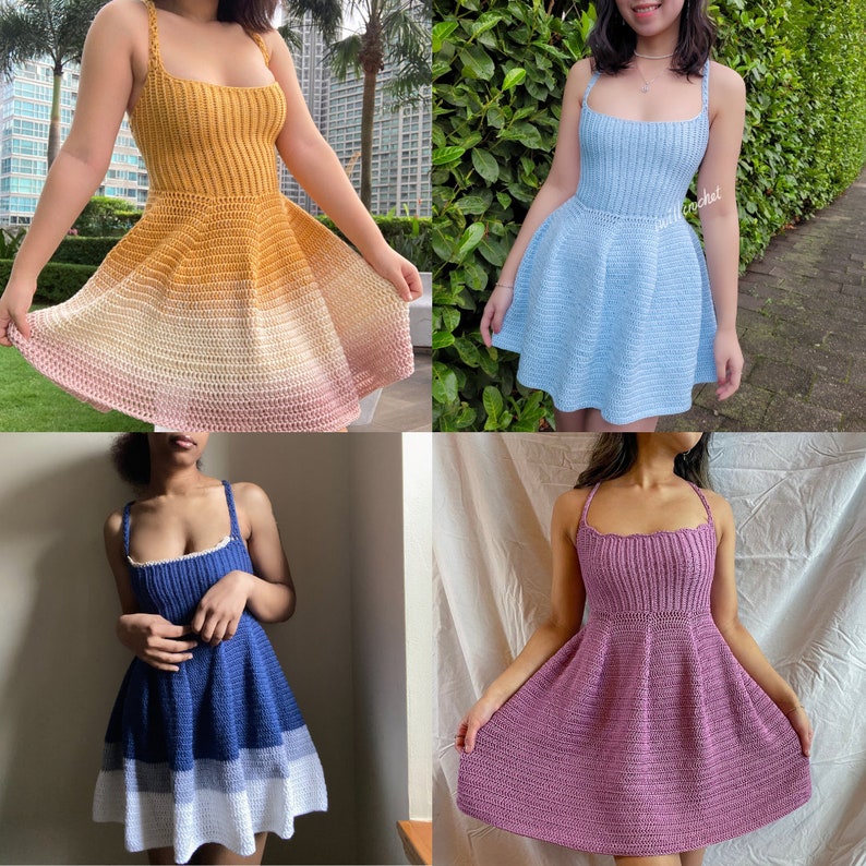 May include: Four crochet dresses in different colors: a yellow to pink ombre, a light blue, a navy blue to white ombre, and a purple. The dresses are all sleeveless and have a fitted bodice and a flared skirt.