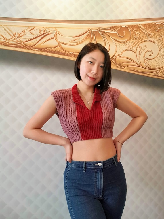Valerie Crop Top - Retro Collared Ribbing Crochet Top Pattern - Etsy