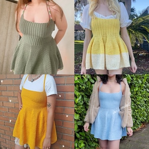May include: Four crocheted dresses in different colors and styles. The dresses are sleeveless and have a fitted bodice with a flared skirt. The dresses are made with a variety of stitches and textures.