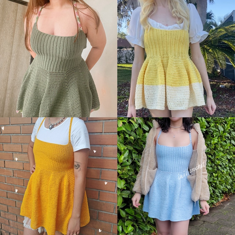 May include: Four crocheted dresses in different colors and styles. The dresses are sleeveless and have a fitted bodice with a flared skirt. The dresses are made with a variety of stitches and textures.