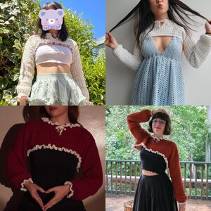 Op de afbeelding: Een collage van vier gehaakte shrugs in verschillende kleuren. De shrugs hebben lange mouwen en een cropped design, sommige met gerimpelde randen. Kleuren zijn cr&egrave;me, wit, rood en roest. De shrugs worden over verschillende outfits gedragen.