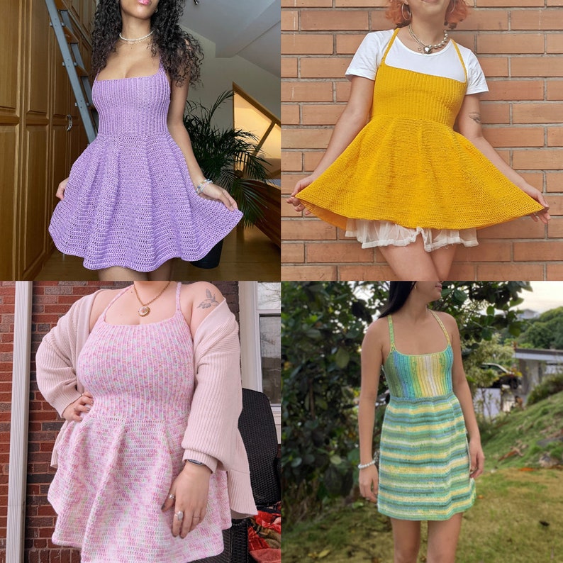 May include: Four women wearing different crochet dresses. The dresses are in various colors, including purple, yellow, pink, and green. The dresses are all sleeveless and have a fitted bodice with a flared skirt.