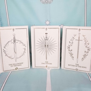 Puede incluir: Tres libros de tapa dura con cubiertas blancas y letras doradas. Cada libro presenta una ilustración de espada diferente. Los títulos son "The Fellowship of the Ring", "The Two Towers" y "The Return of the King". Los libros están sobre un fondo azul claro.