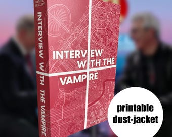 May include: A printable dust jacket for the book "Interview with the Vampire" by Daniel Molloy. The dust jacket features a red background with a white map design.