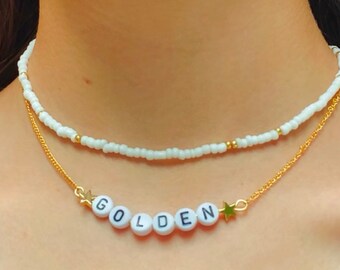 LAYERED “GOLDEN” NECKLACE - dainty - beaded - letter - word - jewelry - gold - chain - choker - cloudy jewelry - trendy - indie - boho
