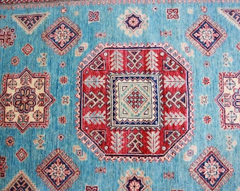 7x5.9 ft Afghan Handmade Wool Rug: Teal & Red Geometric Tribal Design
