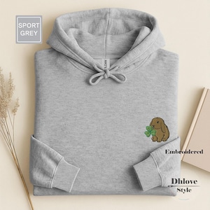 Könnte beinhalten: Ein hellgrauer Kapuzenpullover mit Kordelzugkapuze und Kängurutasche. Der Kapuzenpullover hat einen gestickten braunen Hasen, der ein grünes Kleeblatt hält. Der Text "Embroidered" und "Dhlove Style" sind sichtbar. Das Etikett lautet "Sport Grey".