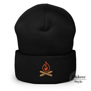 Campfire Embroidered Cuffed Beanie, Outdoor Lovers – Happy Campers – Custom Unisex Hat