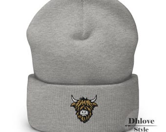 Geborduurde beanie Highland Cow, gebreide muts boerderijdieren, rustiek cadeau
