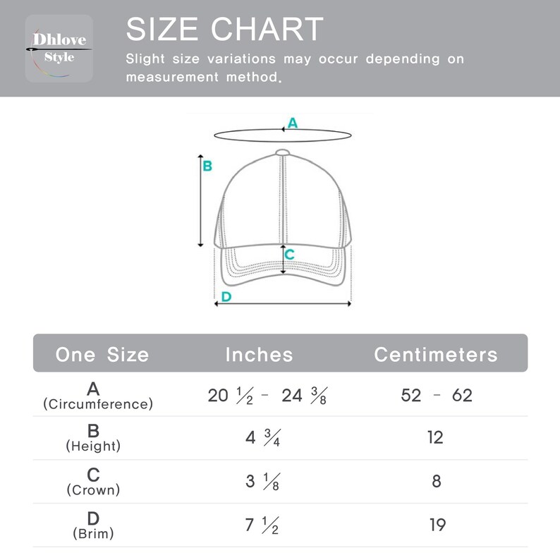 May include: A hat size chart showing measurements in inches and centimetres. The chart details dimensions including circumference (20 1/2 - 24 3/8 inches, 52 - 62 cm), height (4 3/4 inches, 12 cm), crown (3 1/8 inches, 8 cm), and brim (7 1/2 inches, 19 cm).