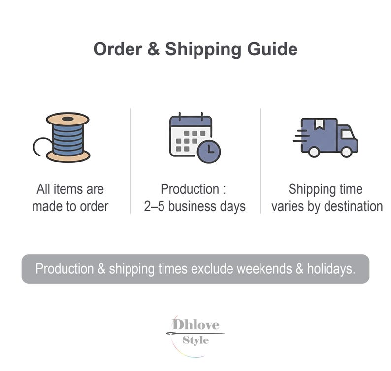 May include: An informational graphic titled "Order & Shipping Guide". It includes icons of a spool of thread, a calendar, and a delivery truck. Text states items are made to order, production takes 2-5 business days, and shipping time varies.