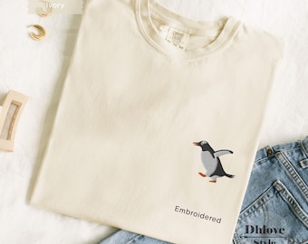 Gentoo Penguin Embroidered T-Shirt, Running Penguin Tee, Minimal Animal Shirt, Comfort Colors 1717